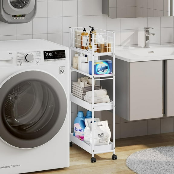 Slim 4-Tier Metal Rolling Cart – Narrow Storage Organizer with Wheels, Space-Saving Utility Shelf for Bathroom, Kitchen, Laundry Room, White