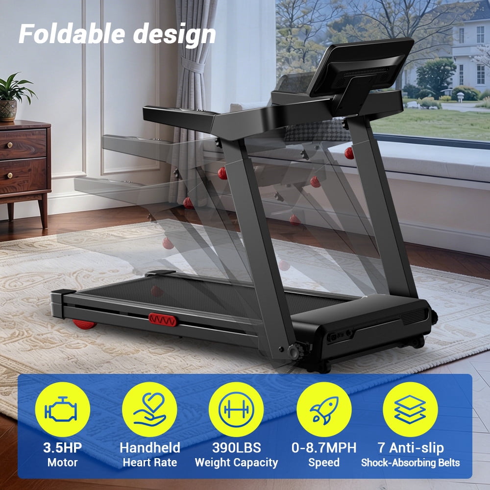 CURSOR FITNESS 17% Treadmill Auto Incline, Foldable Home Treadmill with 3-Level Adjustable Console and Quiet 3.5 HP Motor, Max 390lbs