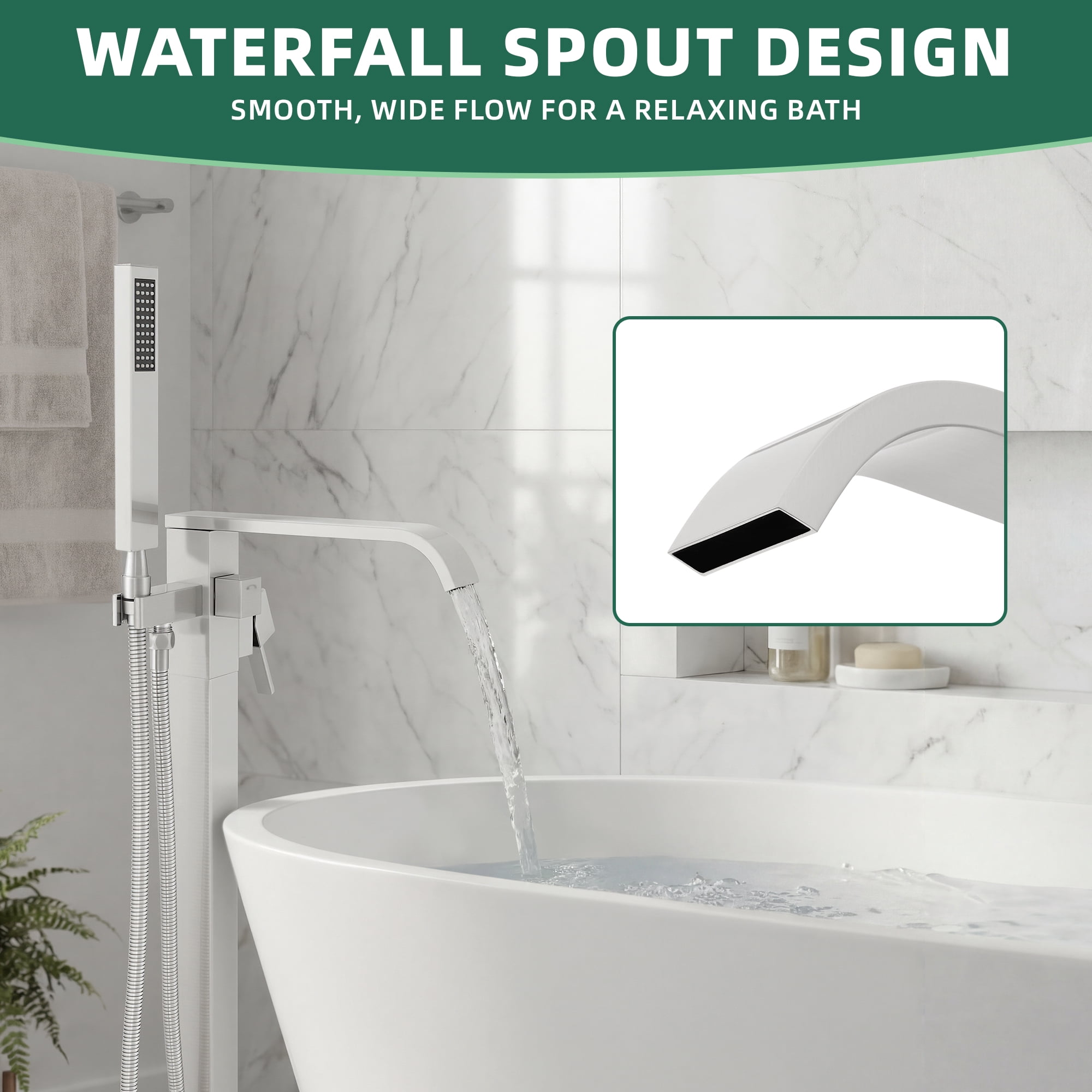 Free Standing Tub Faucet, High Flow Freestanding Bathtub Faucet with Waterfall Spout & Handheld Shower, 360°Swivel Tub Filler, Brass Body, Brushed Nickel