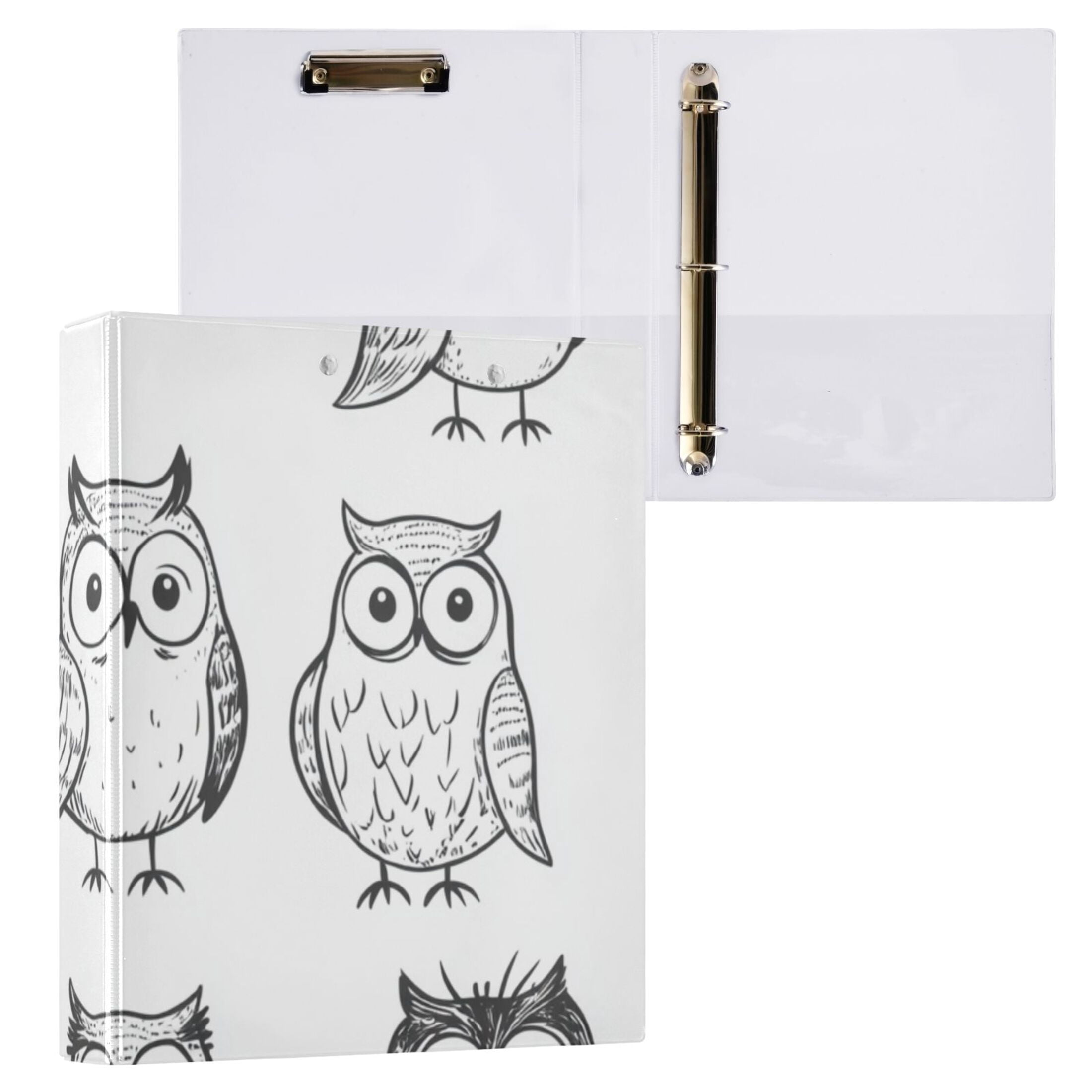One Line Owls Cartoon 3 Ring Binders 1.5 inch Hardcover File Folders with Interior Pockets A4 Size Organizer for School Office Hospital