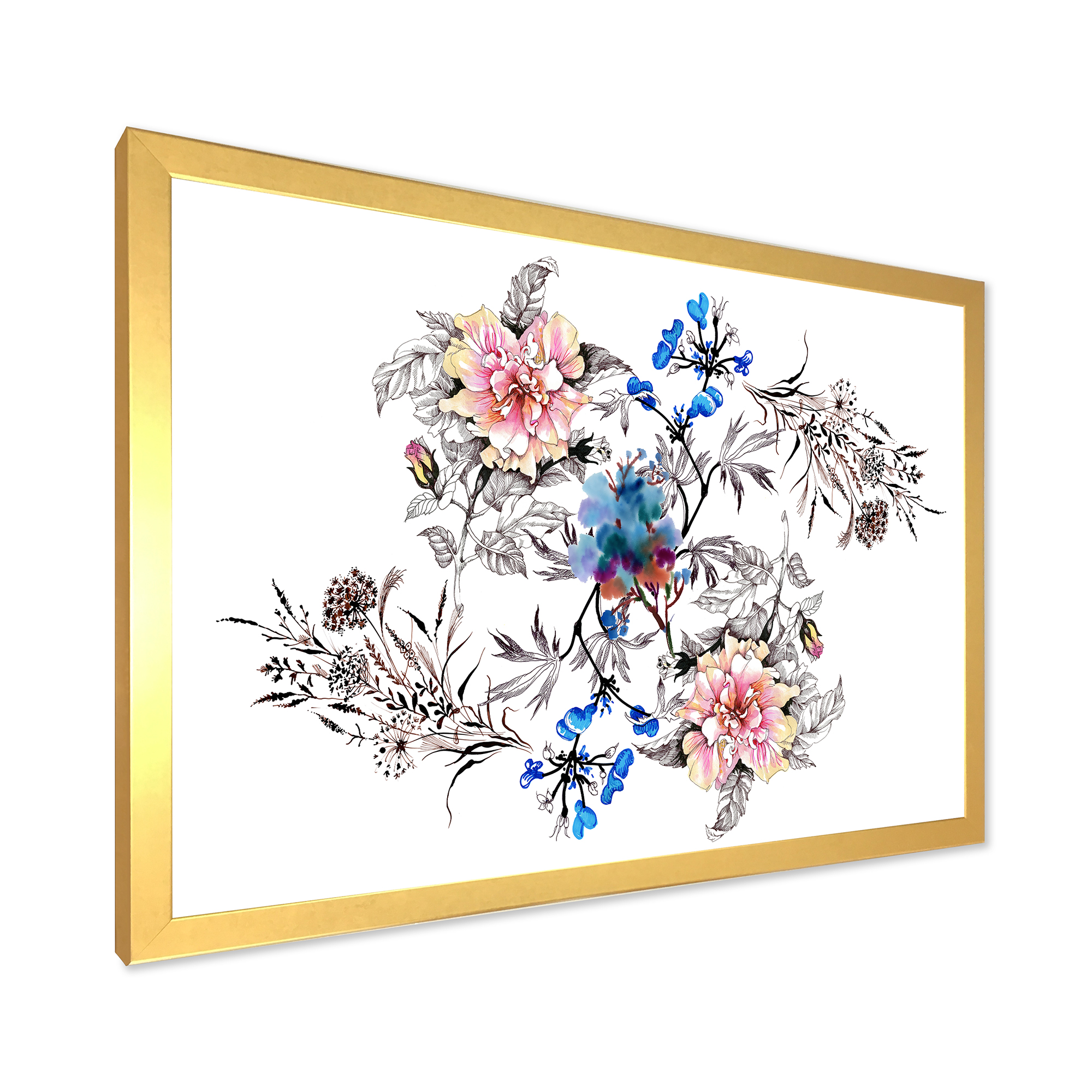 Designart 'Pink and Blue Wildflowers' Traditional Framed Art Print