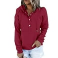 thumbnail image 2 of Women Hoodies Casual Button Down Fall Solid Long Sleeve Sweatshirt Drawstring Pullover Tops Blouse With Pocket Red S, 2 of 6