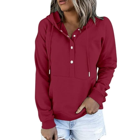 Tuphregyow Women s Fashion Button Up Matching Hoodies Baggy Slouchy Lightweight with Pockets Tops Trendy Casual Leisure Long Sleeve Pullover Solid Red L