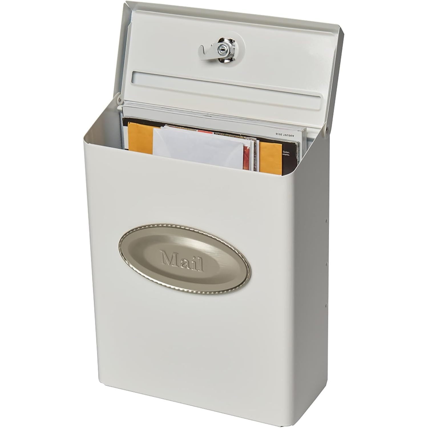 Architectural Mailboxes Designer Galvanized Steel, Locking Wall Mount Mailbox, White with Satin Nickel
