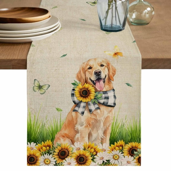 Cute Puppy Sunflowers Table Runner 72 Inches, Farmhouse Eucalyptus Retro Beige Bed Runner Dresser Scarves Tabletop for Indoor Outdoor Parties/Ceremony/Banquet, 14" x 72"