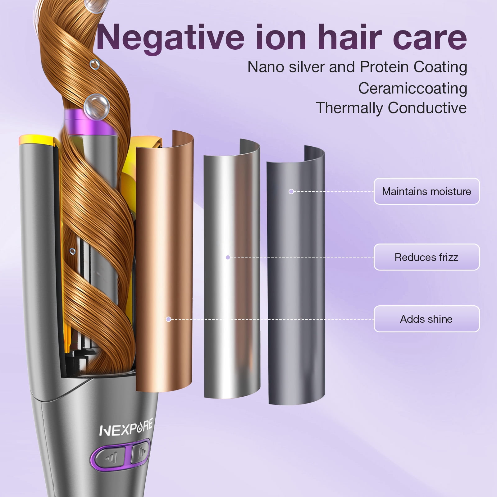 NEXPURE Automatic Curling Iron, 1" Ionic Deep Waver Hair Curler Tool, Ceramic Coating, Fast Heating, Dual Voltage, Anti-Scald, Purple
