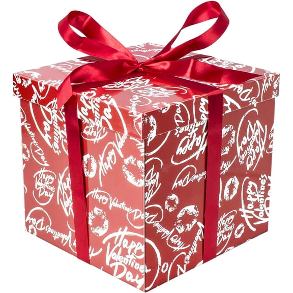 10" Large Valentine Gift Box with Lid and Ribbon, Red Happy Valentine's Day Paper Filler for Party Favor Presents Wrapping.