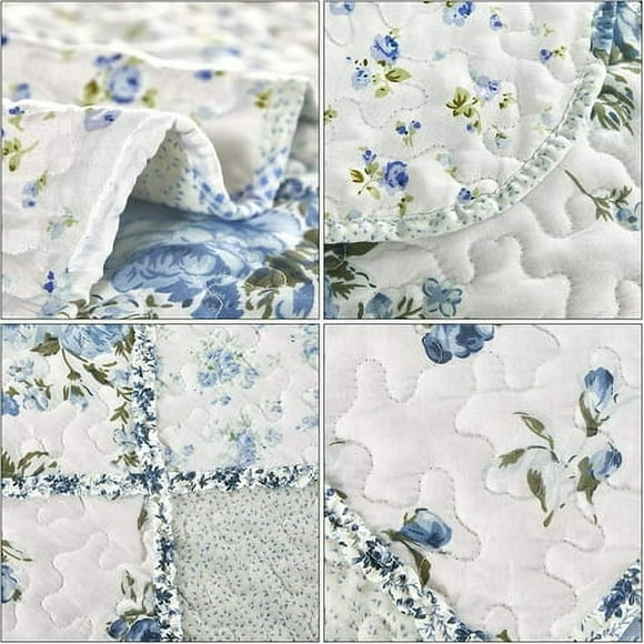 Blue Patchwork Quilt Set Full Queen Size Quilted Bedspread coverlet 3-Piece Floral Lightweight comforter Reversible Stitched Bedding Set Bed cover Blanket with 2 Pillow Shams for All Season