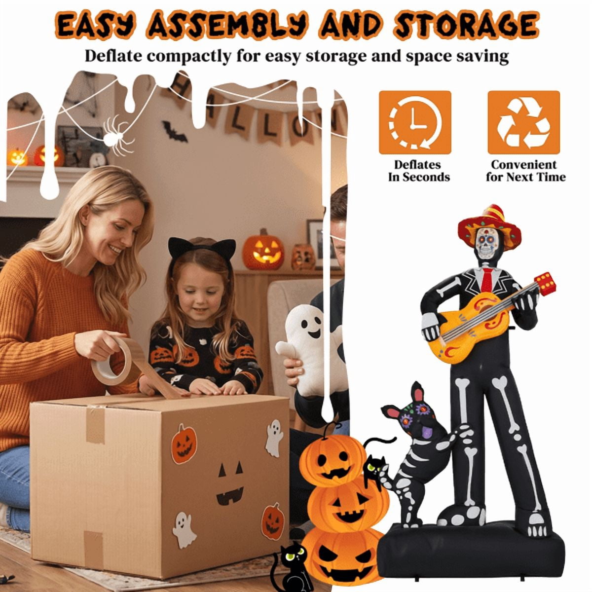 Alvantor 7.2 ft Day of the Dead Halloween Inflatable Decoration with Skeleton Musician, Dog and 6 LED Lights