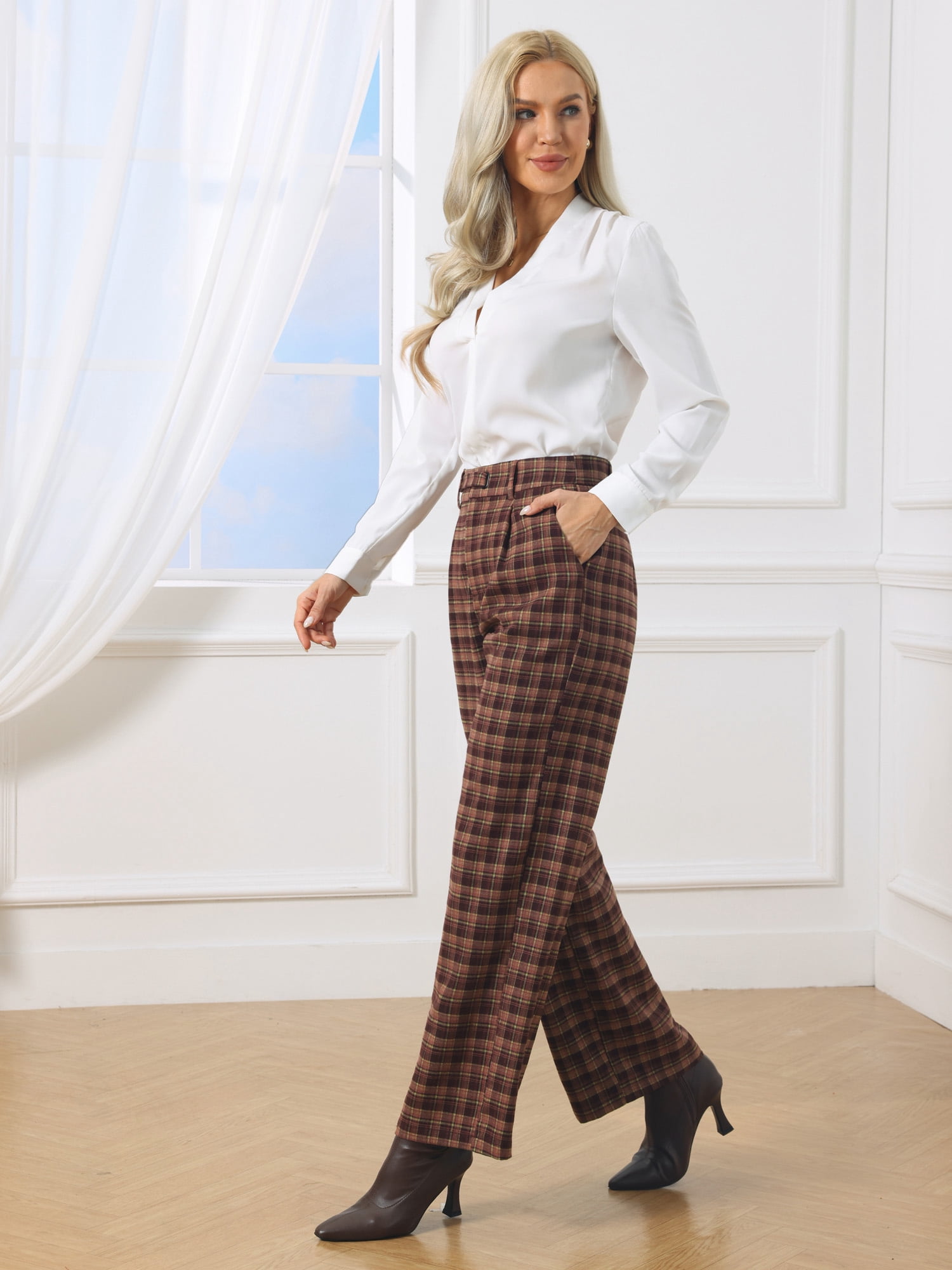 DARING DIVA Women's Plaid Vintage Wide Leg Trousers for Work X-Large Red