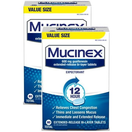 (2 pack) Mucinex 12 Hour Chest Congestion Expectorant Relief Tablets, 80 Count, Thins & Loosens Mucus, Walmart (Best Medicine To Loosen Mucus)
