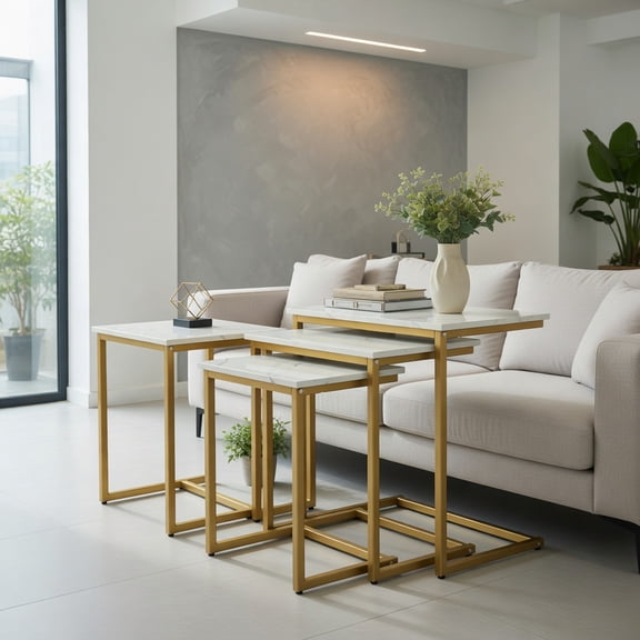Spaco White 3 Pieces Multifunctional Coffee End Table Set, Stackable C-Shaped Side Tables with Sturdy MDF & Steel Frame for Small Space, Bedroom & Living Room