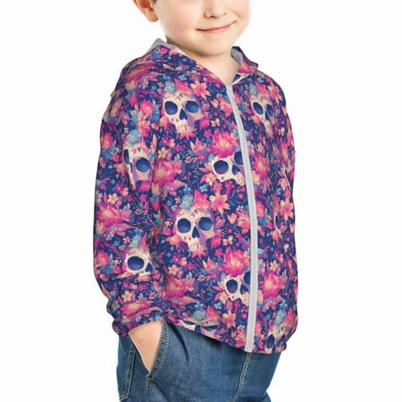 

Uemuo cool Skull flower colorful Pattern Rash Guard for Boys Girls Long Sleeve Swim Shirts UPF 50+ UV Sun Protection Hooded Fishing Shirt with Pocket for Kid-4 Years