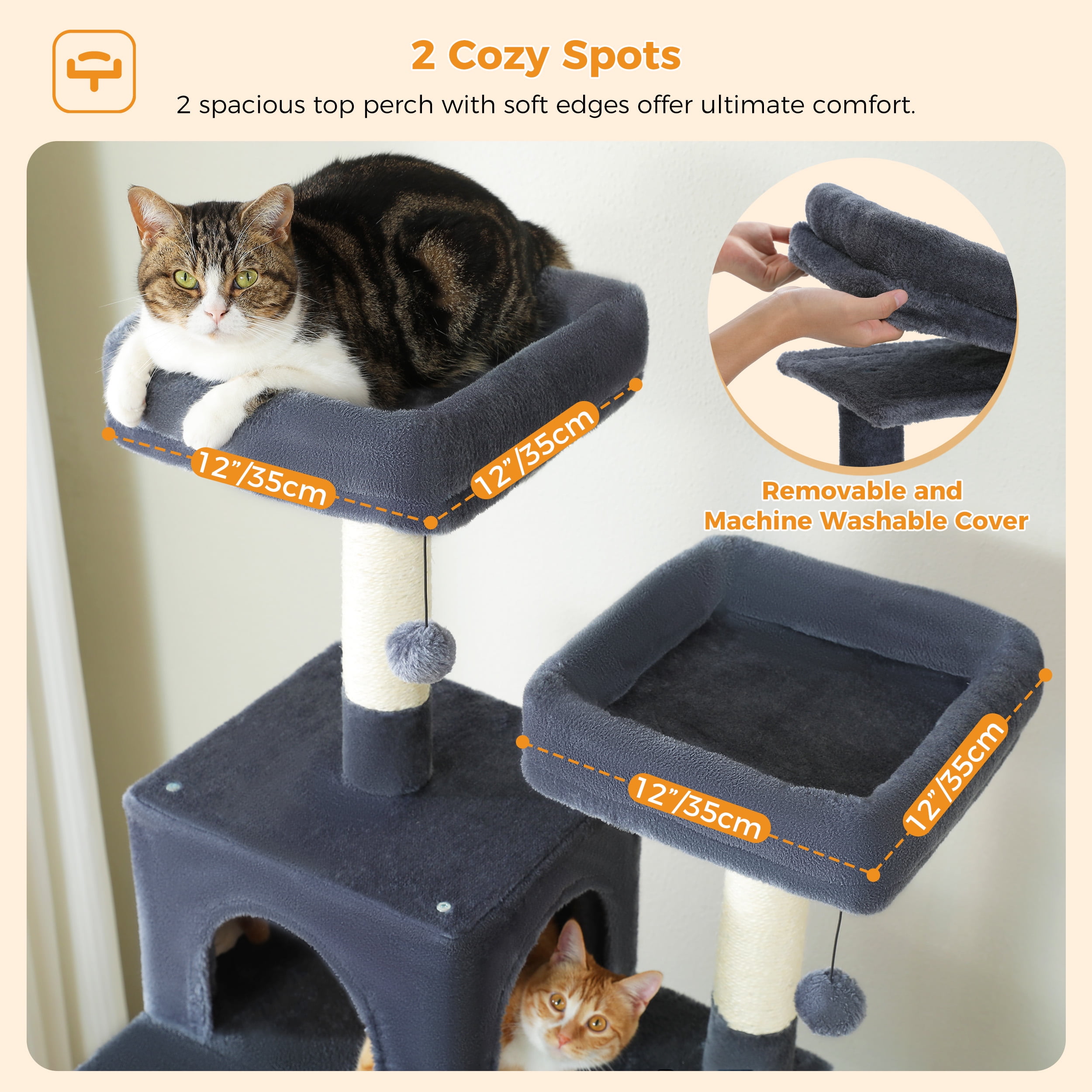 Kadyn 72" Cat Tree Tower for Large Cats, Indoor Cat Condo with Sisal-Covered Scratching Posts and Pads, 2 Padded Perch, Gray