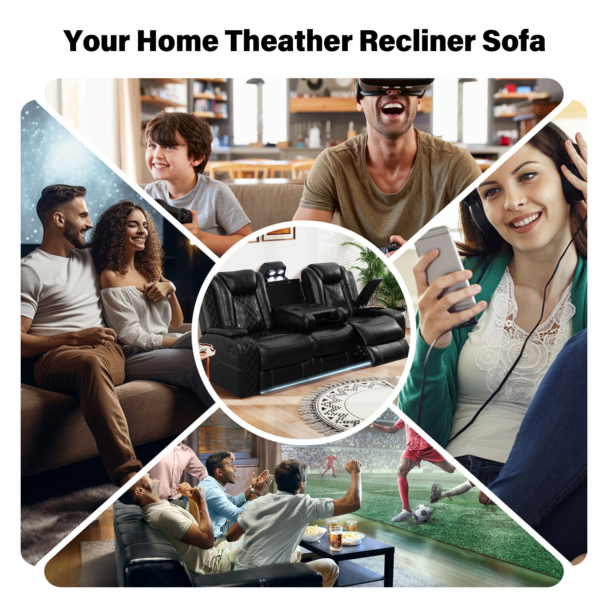 Aukfa 3-Seater Power Recliner Sofa Set W/ Wireless Charging, Reading Light & Storage, Modern Home Theater Seating for Living Room, Black