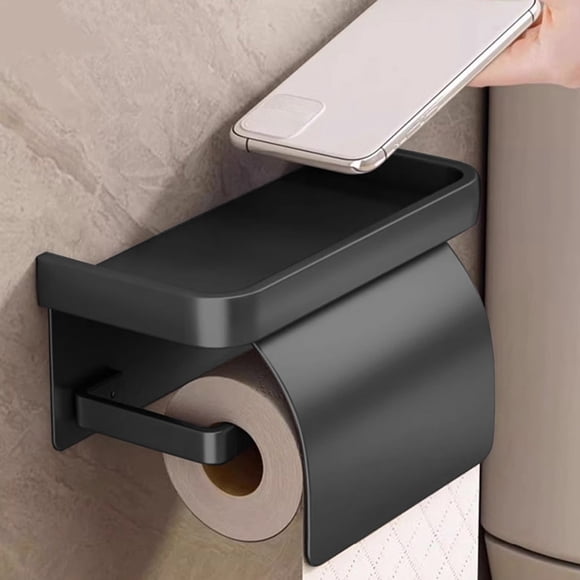 Porte-papier Hygiénique Mural Étanche en Aluminium Noir / Sans Perçage Boîte à Mouchoirs de Salle de Bain Étagère de Rangement / Porte-Essuie-Tout Gain de Place 17.6x10.5x9.6cm Durable