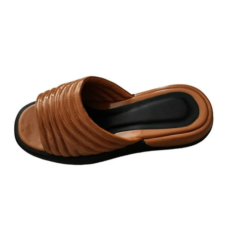 OJSFQUFP Womens Summer Slippers Ladies Fashion Summer Colored Leather Face Open Toe Flat Bottom Casual Slippers Soft Sole Outdoor Beach Shoes Womens Slipper Brown 37