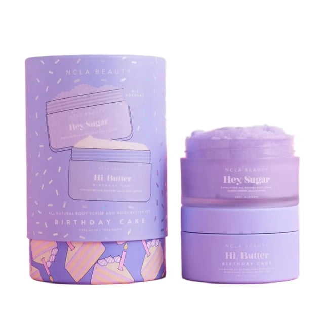 Ncla - Set de descubrimiento para el cuidado corporal de Birthday Cake (exfoliante corporal mantequilla corporal) | Cuidado de la piel limpio vegano y sin crueldad animal | Fabricado en EE. UU. (2 pi