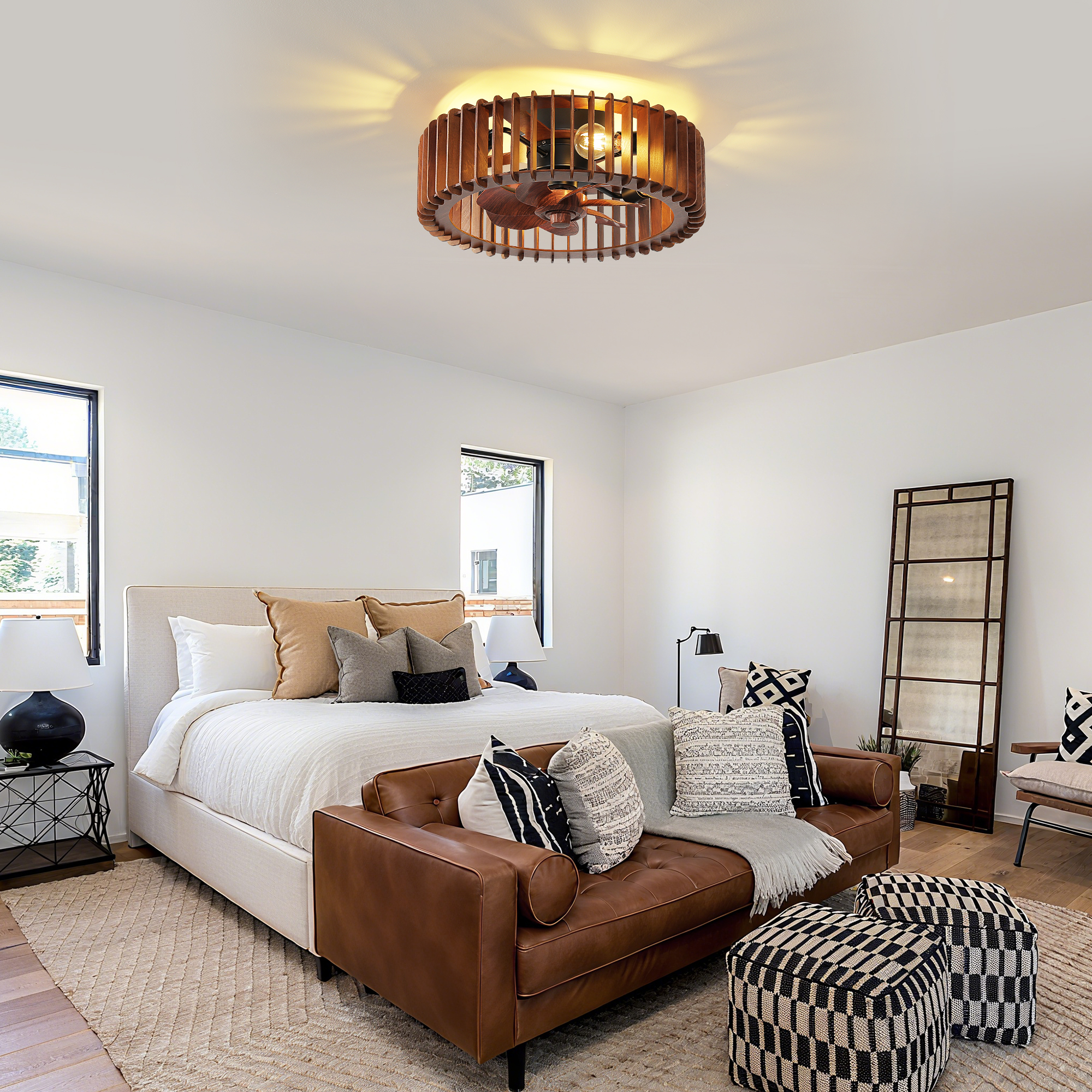 KAISITE 20" Farmhouse Walnut Fandelier Ceiling Fan with Lights  and Remote, 6 Speeds, 1/2/4/8 Hour Timer  for Dining Room, Living Room, Bedroom