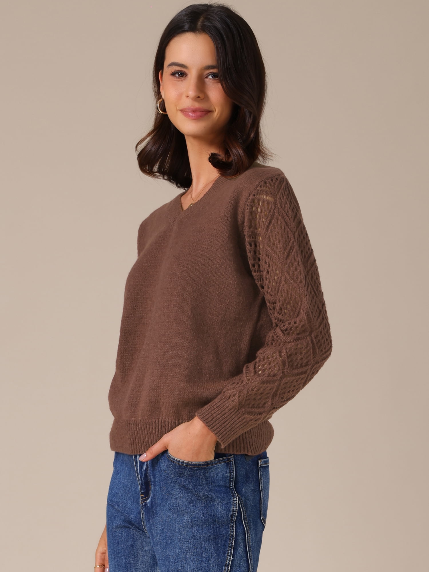 DARING DIVA Women's V Neck Hollow Out Long Sleeve Crochet Sweater Tops XL Brown