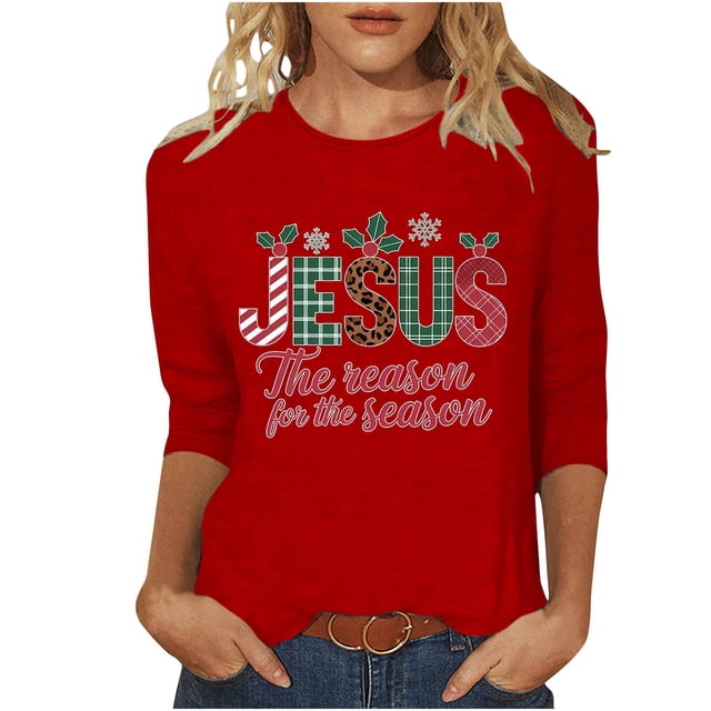 Awdenio - Blusas de manga larga para mujer, liquidación, moda juvenil, estampado navideño, camiseta holgada, mangas 3/4, blusa, cuello redondo, blusas casuales