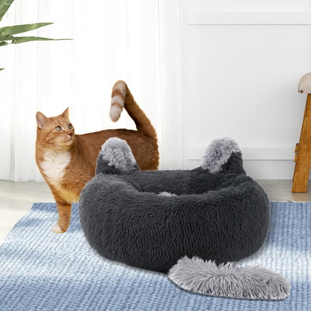 Gato redondo Casa cálida Cama para perros Orejas de animales lavables decorativa Felpa Mascotas Manta para perros pequeños y medianos Cachorro , Gris 70cm