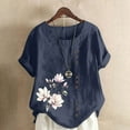 thumbnail image 2 of Olyvenn Cotton Linen Tops for Womens 2025 Crewneck Roll Up Short Sleeve Tshirt Trendy Floral Print Casual Loose Fitted Blouse Navy XXL, 2 of 4