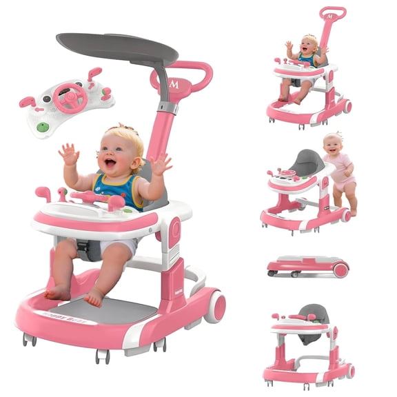 BEJOLO 5-in-1 Baby Walker with Adjustable Height, Removable Seat & Toy Tray – Non-Slip Design for Infants (Pink)