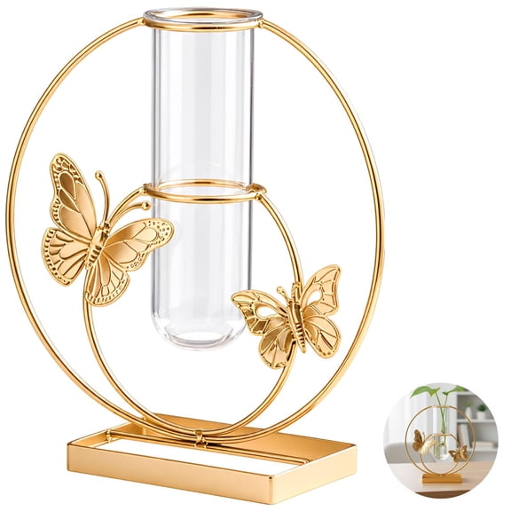 Hydroponic Flower Pot with 3D Butterfly Pattern, 7.9 x 8.3 in Gold Metal Clear Glass Vase, Decorative Desktop Planter for Living Room, Home Office Decor, Wedding Centerpiece