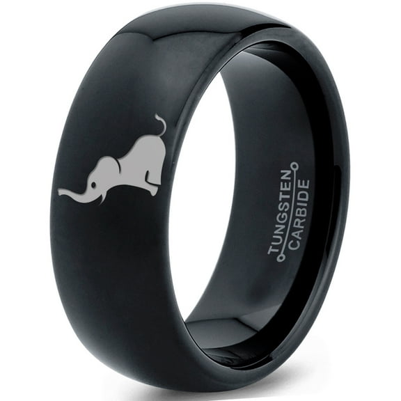 Tungsten Elephant Sitting Trumpeting Band Ring 8mm Men Women Comfort Fit Black Dome Polished