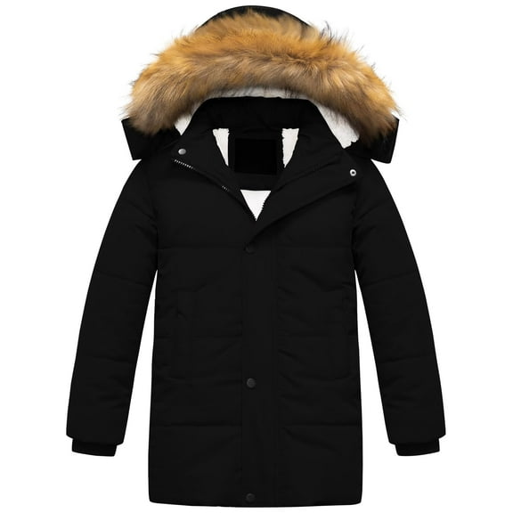Chrisuno Boys Water Resistant Winter Parka Long Snow Coats Windproof Puffer Jackets With Hood Black 6-7