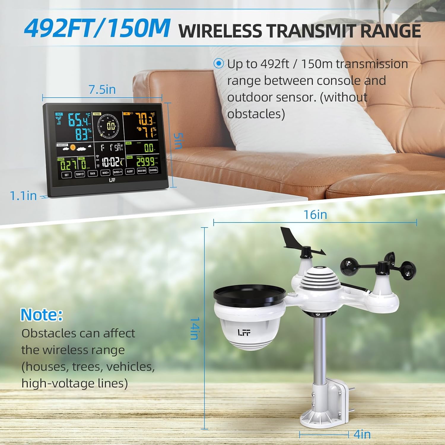 LFF Weather Station, with Outdoor Sensor, Wireless Weather Station with Rain Gauge, UV Index, Wind Speed/Direction, Weather Forecast, Barometer, WiFi Weather Station with 4-Level Adjustable Backlight