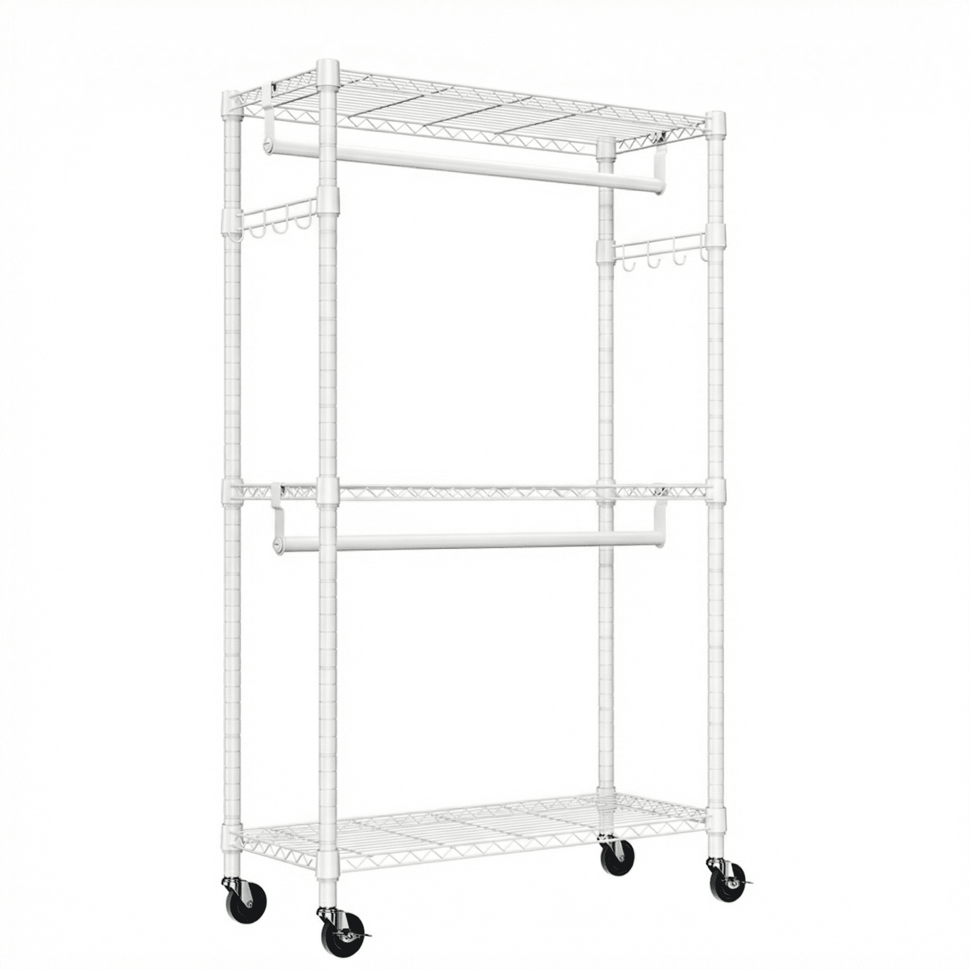 Leumius 3 Tiers Heavy Duty Rolling Garment Rack, Adjustable Wire Shelving Clothes Rack with 2 Rods and Side Hooks,Storage Closet Clothing Rack with Wheels for Laundry Room Bedroom Cloakroom White