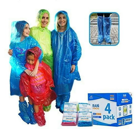 Emergency Family Rain Ponchos Extra Thick  4 Pack Disposable Plastic Raincoat Bundled with Shoe Covers for Adults and Kids  Assorted Colors and 100% Waterproof Rain Gear