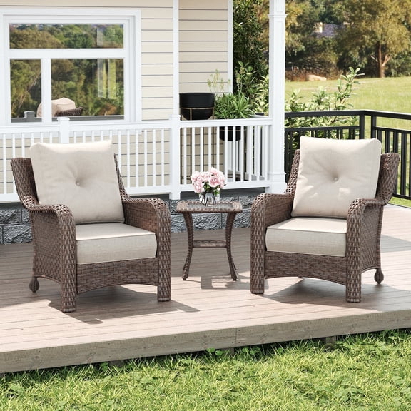 LayinSun 3 Piece Wicker Outdoor Furniture Set with 6-inch Comfy Cushions, High Back Patio Furniture Set with Rattan Armchairs and Side Table