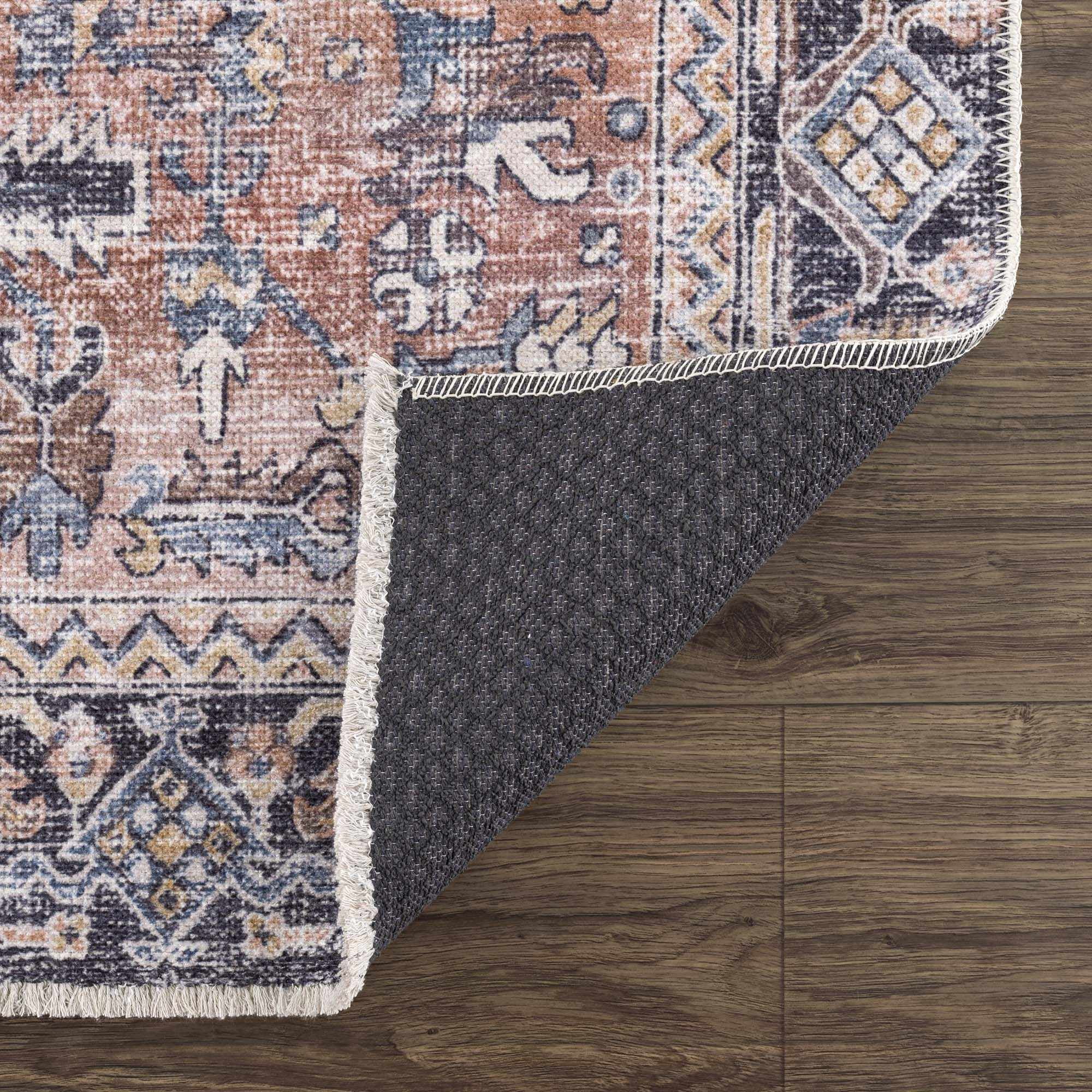 Hauteloom Holli Collection Urmia - Machine Washable Oriental Living Room Kitchen Bedroom Dining Room Area Rug - Abstract Vintage Distressed Boho Style - Pink, Blue, Burgundy - 5'x7'6"