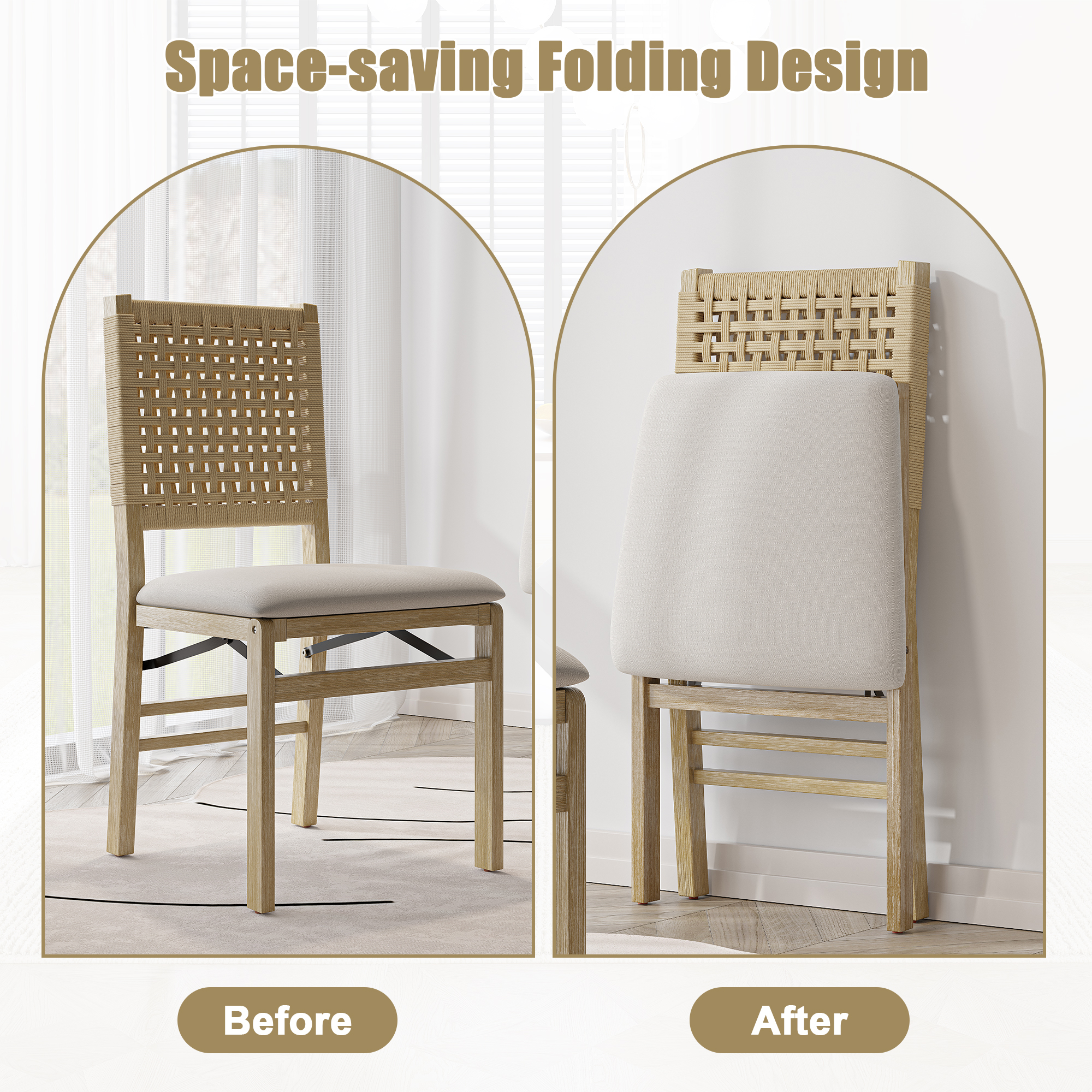 MOONMISS Scandinavian Style Solid Wood Frame Folding Dining Chair(set of 2) for Kitchen,Living Room
