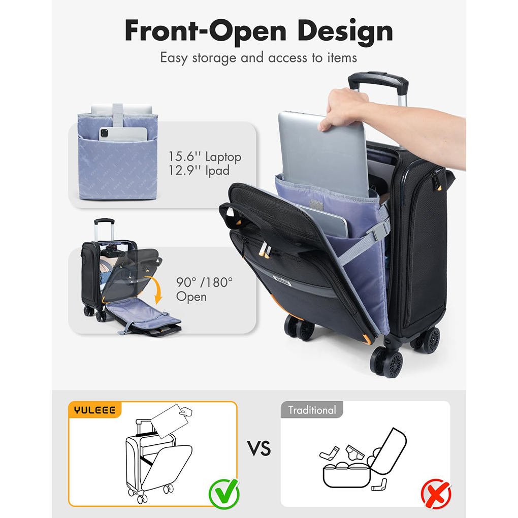 Underseat Carry On Luggage with Spinner Wheels,16 Inch Softside Suitcase with Detachable Sleeve, Lightweight Travel Luggage Airline Approved for Men Women, Black