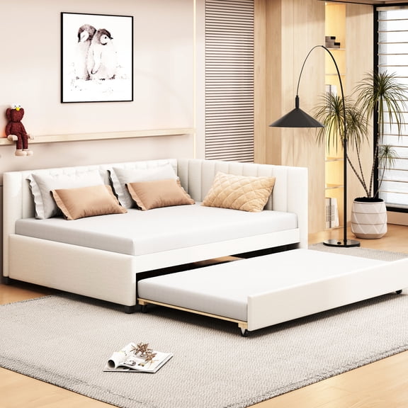Full Size Upholstered Daybed With Twin Trundle, Beige Linen, No Box Spring, Secure And Bed Platform Trundle Complement Your Home Decor
