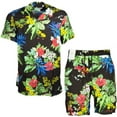 thumbnail image 2 of Men's 2 Piece Shorts and Shirt Tropical Casual Matching Beach Clothing Set, Black Trees, L, 2 of 4