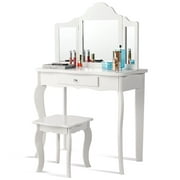 Topbuy Wooden Vanity Table with Triple Folding Mirror & Stool for Kids