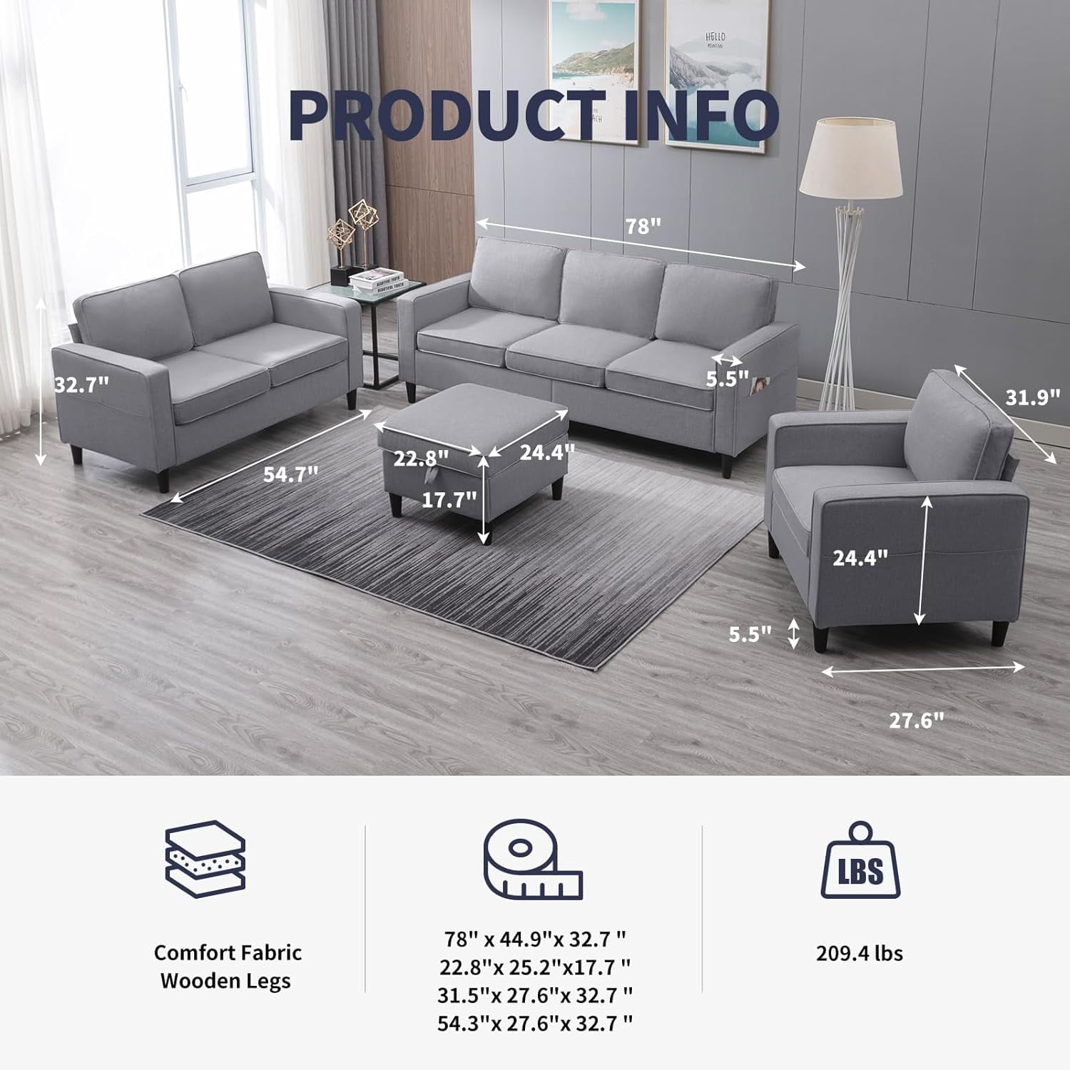ijuicy Sectional Sofa Set,3PCS Living Room Furniture Couch Sets with Movable Storage Ottoman,Include Sofa&Loveseat&Chair, Light Gray
