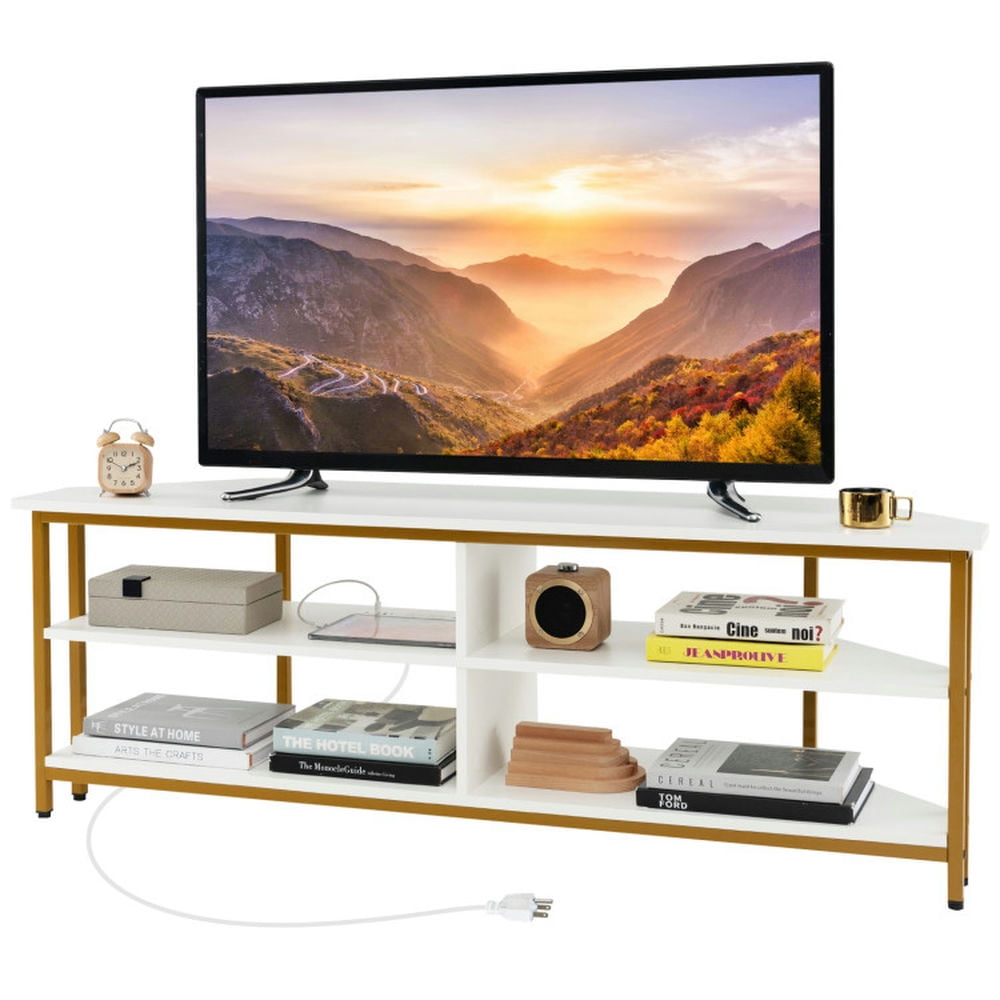 Finihen TV Stand, Entertainment Center, 3-Tier Corner TV Stand for TVs up to 65 Inches with Charging Station, for Living Room, White