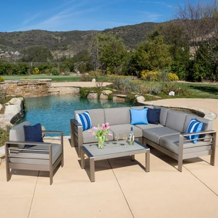 Dewitt Khaki Aluminum Sofa Set With Glass Table and Cushions