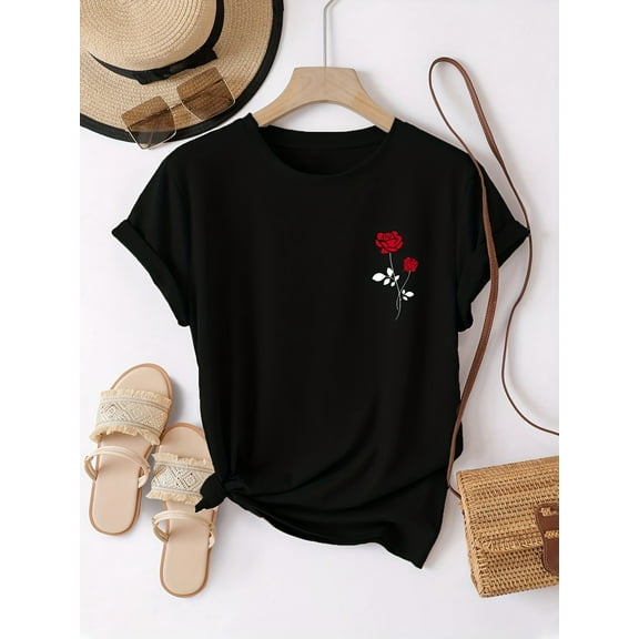 Rose Print Crew Neck T-Shirt, Casual Short Sleeve T-Shirt For Spring & Summer, Women's Clothing