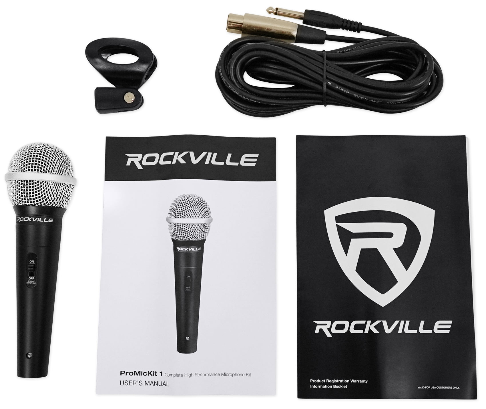 Rockville Pro Mic Kit 1 Vocal Microphone Kit, 600 Ohm, Uni-Directional Pickup, 20 ft XLR to 1/4 in OFC Cable, Adjustable Stand, Canvas Carry Bag, for Karaoke and Live Performance