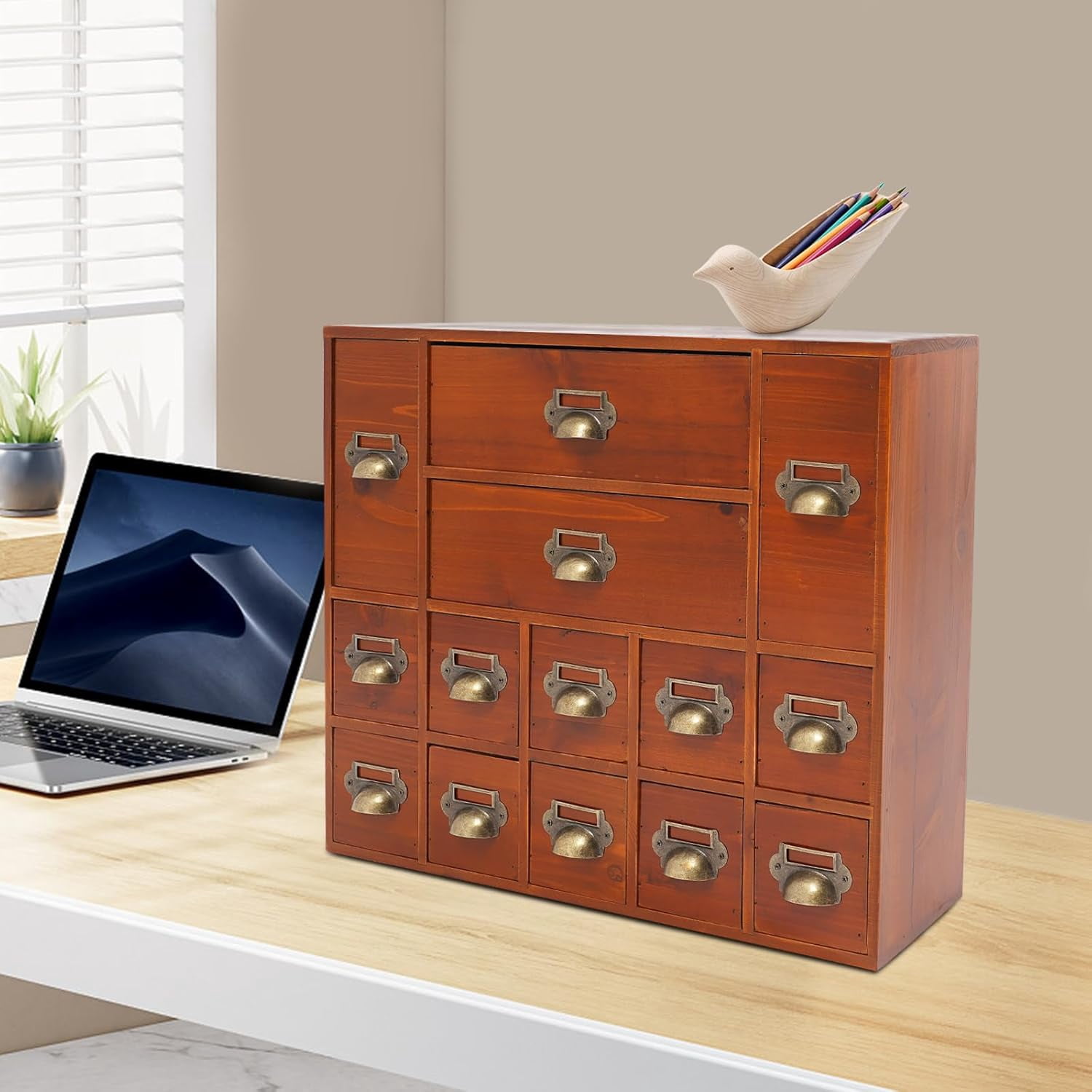 4 Tier Office Desk Organizer with 14 Drawers, Wooden Apothecary Cabinet Desktop Storage Cabinet with Label Boxes, Makeup Organizer Filing Case for Office Bedroom Home, L21*W6.3*H16.7in