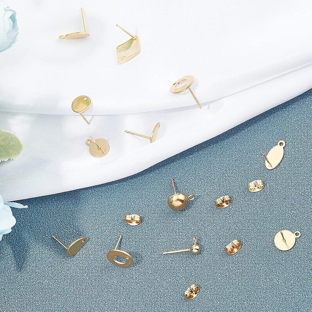 PVD Vacuum Plating 304 Stainless Steel Stud Earring Findings with Silicone Ear Nuts Mixed Shapes Golden 200pcs/Box