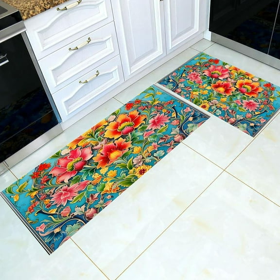 Floral Flower Plant Boho Anti Fatigue Kitchen Mat Kitchen Rugs Comfort Floor Mat Non Slip Kitchen Carpet Rug Runner for Sink Laundry