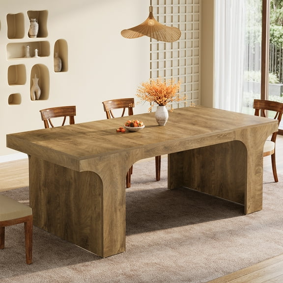 Tribesigns 71-Inch Large Dining Table for 6-8, Farmhouse Wooden Kitchen Table with Arched Design with Double Pedestal for Dinner, Wood Grain